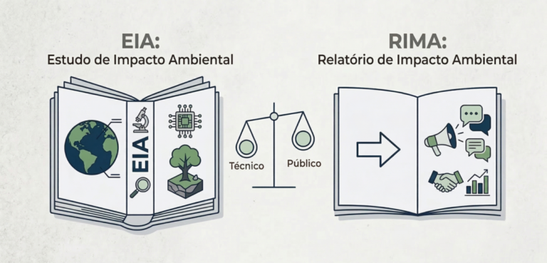 Infográfico minimalista comparando o EIA (Estudo de Impacto Ambiental) e o RIMA (Relatório de Impacto Ambiental), destacando a balança entre o conteúdo técnico e o público.