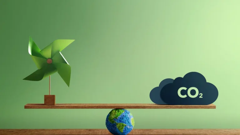 Uma gangorra equilibrada sobre um globo terrestre de papel machê, representando o mercado de créditos de carbono. Do lado esquerdo, um cata-vento verde simboliza energias renováveis. Do lado direito, uma nuvem azul escura de emissões de CO2 contém o texto 'VALORIZAÇÃO DE ATIVOS' e 'GERAÇÃO DE RECEITA', ilustrando a monetização da descarbonização empresarial.