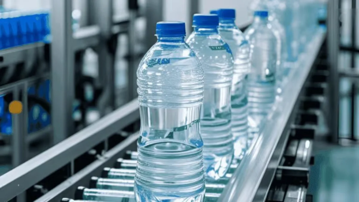 Linha de envase de água mineral resultante dos serviços geológicos e de hidrogeologia da GeoBitte. A imagem representa o sucesso comercial alcançado através de uma consultoria mineral completa para fontes de água no Paraná.