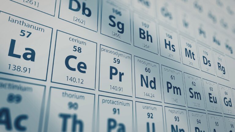 Imagem da tabela periódica com destaque para elementos de terras raras, como lantânio, cério, praseodímio e neodímio, relacionados a minerais estratégicos e à mineração